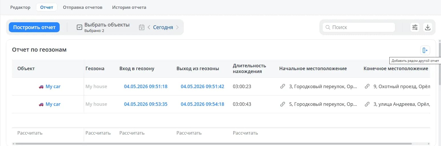 Вкладка "Отчет"